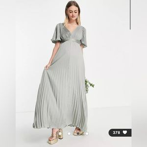 ASOS DESIGN pleated flutter sleeve maxi dress with satin wrap waist in olive